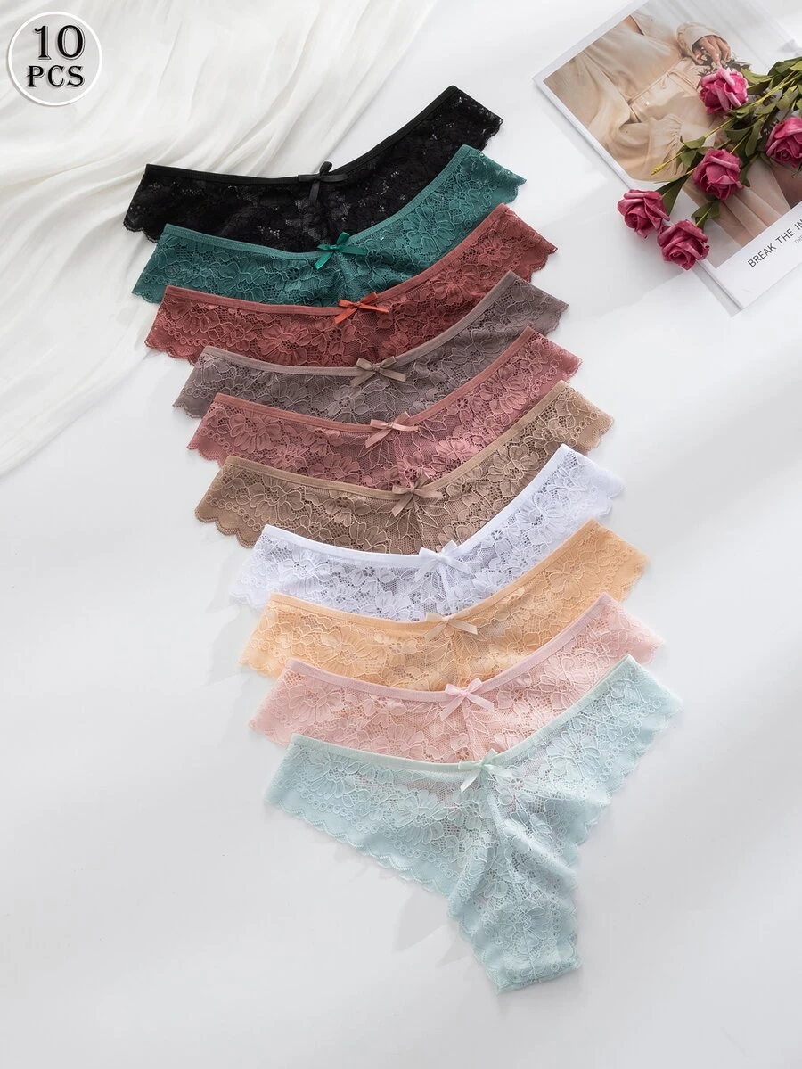 SHEIN 10 قطع ملابس داخلية نسائية من الدانتيل بشكل مثلث أنيقة ومريحة - متعدد الألوان - مشاهدة 1