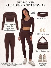 Fluxe Women's Cropped Long Sleeve Sports T-Shirt For Fitness And Tennis - Coffee Brown - View 3