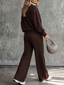 Linhara CURVE Plus Size Women's Casual Coffee Brown 2 In 1 Striped Patchwork Sweatshirt And Elastic Drawstring Wide Leg Sweatpants, Women's Casual Loose Two Pieces Sportswear Set - Coffee Brown - View 2