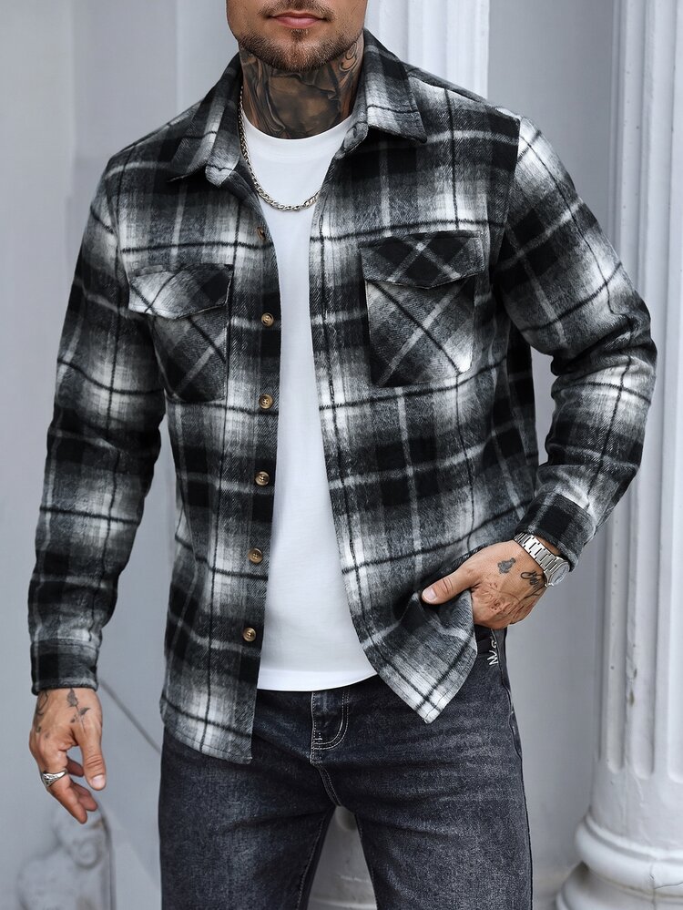 Manfinity Stylish Men's Plaid Woven Fabric Long Sleeve Regular Length Overcoat, Flannels For Men - Black - View 1
