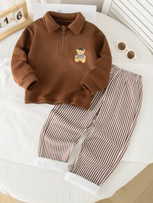 2件組男童幼兒休閒套裝，熊圖案半拉鍊領長袖上衣搭配直條紋長褲，厚實面料，時尚可愛兩件套，適合日常穿著與戶外活動，多場合百搭，秋冬款 - 棕色 - 查看 1
