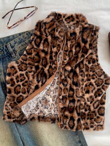 SHEIN EZwear 女款休閒復古老錢風 2000 年代初豹紋無袖毛茸茸短版夾克，米色，適合秋冬日常外出與辦公室穿著 - 咖啡棕 - 查看 3