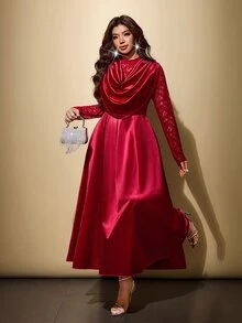 Viva Relle Plus Size Cowl Neck Lace Patchwork Stand Collar Cocktail Dress - Red - View 5