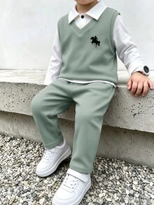 SHEIN 兒童3件套小男孩可愛休閒百搭上衣、長袖白色襯衫、休閒長褲套裝，適合生日派對、派對、表演、婚禮 - 軍綠色 - 查看 1