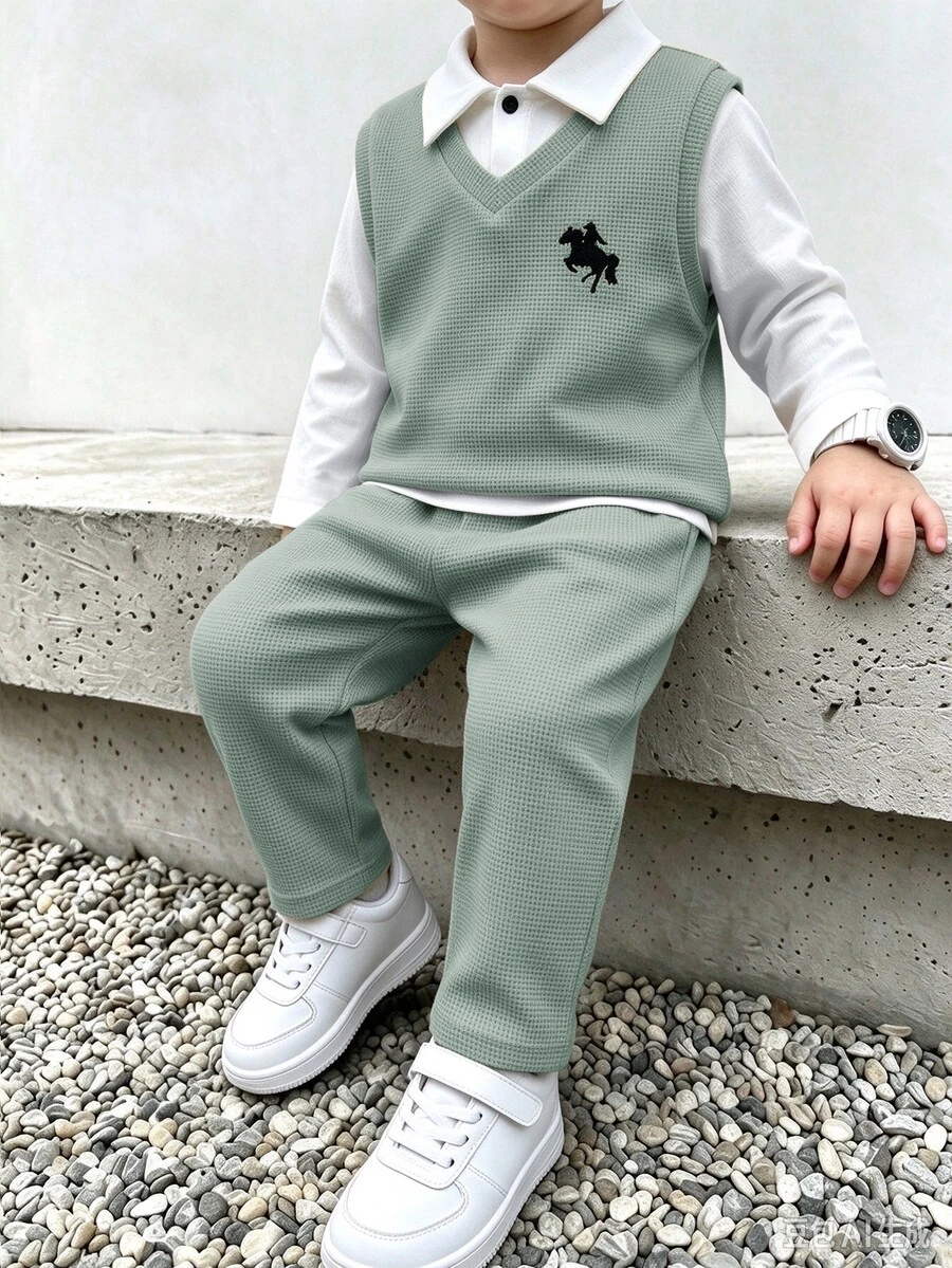 SHEIN 兒童3件套小男孩可愛休閒百搭上衣、長袖白色襯衫、休閒長褲套裝，適合生日派對、派對、表演、婚禮 - 軍綠色 - 查看 1