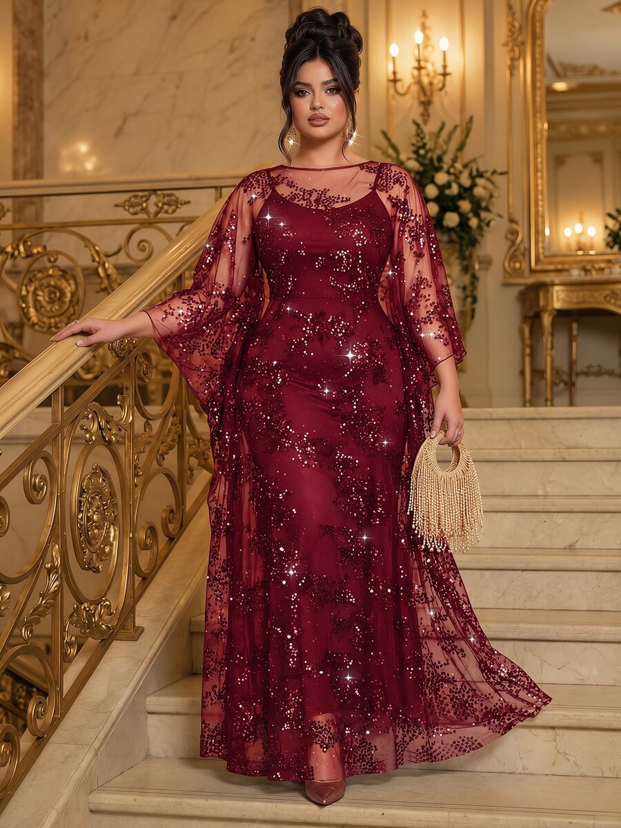 Roveilla Plus Size Elegant Dress With Sequin Dress Set - Burgundy - View 1