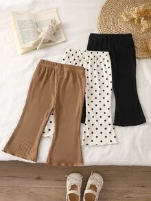 SHEIN 3件組幼女喇叭褲 可愛甜美優雅 卡其色 白色 黑色 波點 羅紋針織 荷葉邊 生日派對 冬季 Navidad 聖誕節 修身款 - 彩色 - 查看 2