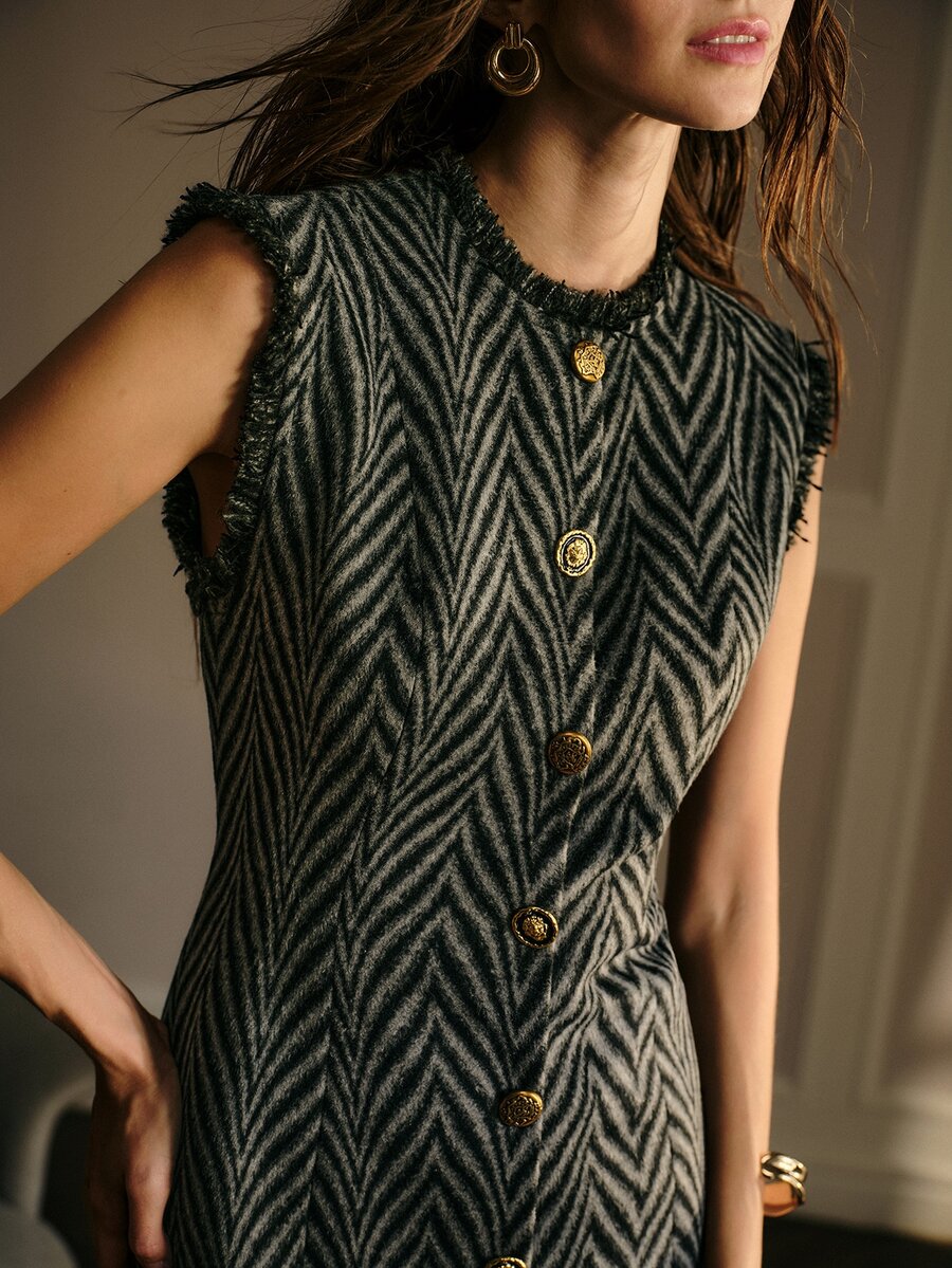 MOTF PREMIUM WOMEN'S HERRINGBONE PATTERN FASHION PARTY SUMMER DRESS - Dark Grey - View 1
