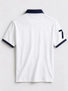NEOREFINED 美式復古加州賽馬刺繡男士 Polo 衫，對比深藍領口短袖，學院風徽章，No.72 印花休閒翻領上衣 - 彩色 - 查看 2
