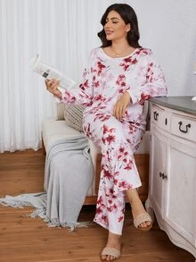 Serenescape Women's Plus Size Fashion Casual All-Over Floral Print Pattern Comfortable Milk Silk Fabric Long Sleeve Long Pants Pajama Set - Pink - View 5