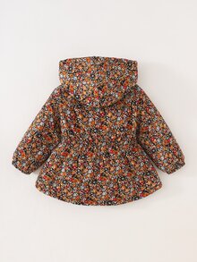 SHEIN 女嬰女童可正反穿秋/冬百搭休閒加厚棕色花卉印花/仿皮草內裡收腰連帽前開襟拉鍊長外套，保暖冬季假期出遊百搭夾克 - 彩色 - 查看 2