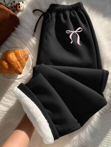 SHEIN EZwear 女款休閒低腰保暖內裡運動長褲，秋冬服飾，蝴蝶結印花 - 黑色 - 查看 6