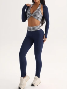 FavEase Women's Plaid Halter Neck Inner Top, Long Sleeve Cardigan And Long Pants Casual Daily Sports Set - Multicolor - View 4