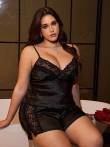 SilkySpell Plus Size Sexy Faux Silk Loungewear For Women, Adjustable Spaghetti Strap V-Neck Lace Patchwork Camisole, Lace Patchwork Shorts Pajama Set - Black - View 3