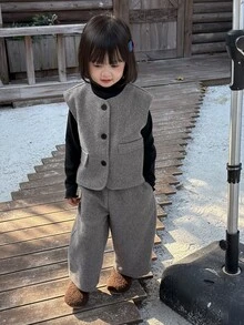 Dazy Kids Baby Girl Solid Color Single-Breasted Vest And Long Pants Casual Daily Outfit - Grey - View 5