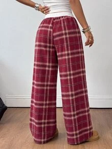 SHEIN 青少年女孩基礎休閒街頭風格格紋拼接低腰寬鬆寬腿長褲，適合秋季 - 紅色 - 查看 2