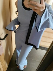 DAZY Women's Colorblock Bell Sleeve Open Front Cardigan, Round Neck Tank Top And Long Pants Casual Loungewear Set - Blue - View 4