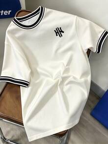 HypeHours 男士經典休閒黑白條紋 H Logo T恤，適合日常穿著與聚會 - 彩色 - 查看 1