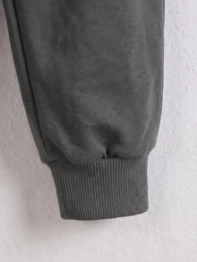 SHEIN 2件組小男孩冬季返校職業日秋季時尚咖啡色格紋撞色連帽外套（含口袋與鬆緊腰）搭配素色長褲 - 灰色 - 查看 7