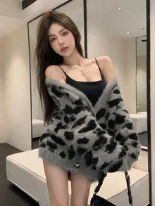 Joudiya 女款休閒日常豹紋提花V領開襟衫，秋冬長袖上衣，秋季女裝 - 灰色 - 查看 7