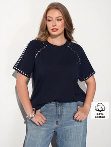 Maija 大尺碼夏季休閒鉚釘裝飾T恤 - 藏蓝色 - 查看 7