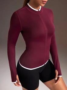 Powerista Women's Zipper Colorblock Long Sleeve Sports Jacket - Burgundy - View 3
