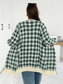 Shapeblank Women's Plus-Size Fall/Winter Fashionable, Casual, Loose, And Comfortable Green Plaid Long-Sleeve Mid-Length Knitted Cardigan For Daily Wear,Christmas - Green - View 2
