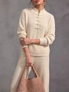 Trelyra Casual Fit New Chinese Style Stand Collar Long Sleeve Frog Button Half-Placket Knit Top + Wide Leg Pants Apricot Color Women's Autumn/Winter Sweater Two Pieces Set - Apricot - View 5