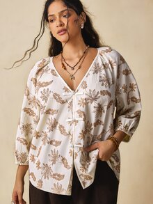 Nubod Plus Size Women's V-Neck Floral Print Casual Everyday Blouse - Apricot - View 1