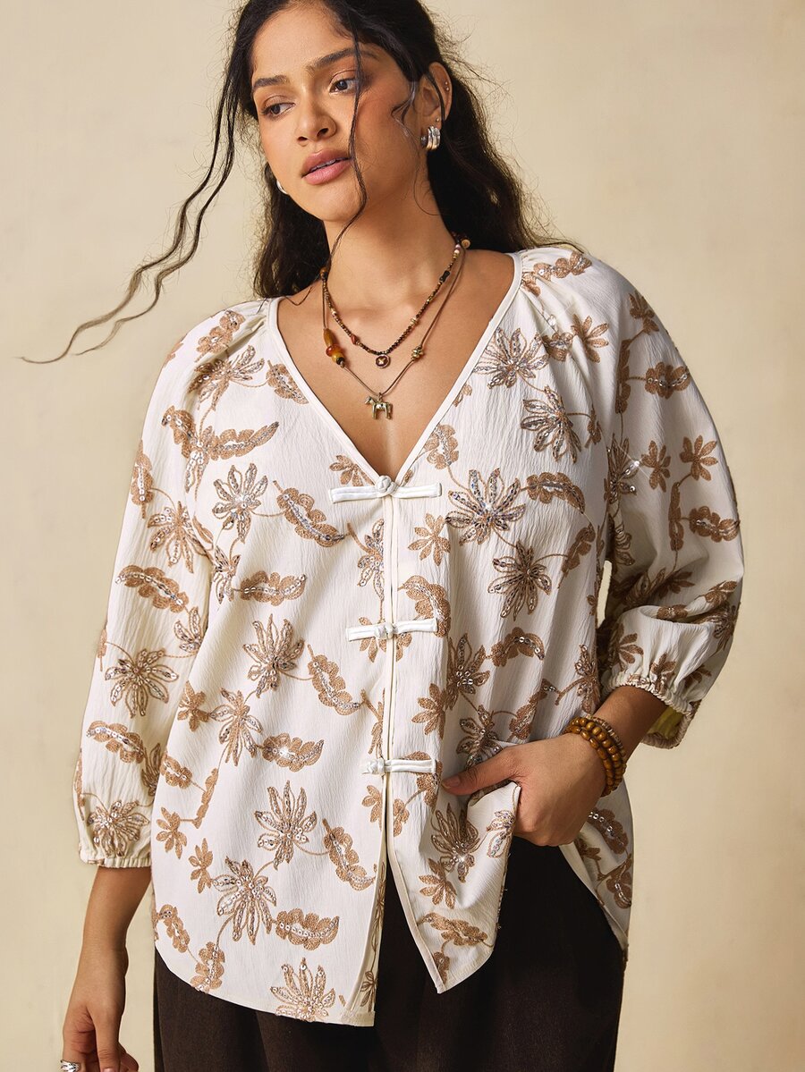 Nubod Plus Size Women's V-Neck Floral Print Casual Everyday Blouse - Apricot - View 1