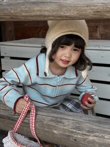Dazy Kids Infant/Toddler (Girl) Turn-Collar Striped Long Sleeve Autumn/Winter Korean Style Casual Versatile Contrast Color Sweater - Baby Blue - View 8