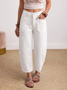 SHEIN PETITE 女款口袋設計休閒錐形牛仔褲 - 白色 - 查看 7