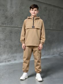 SHEIN 青少年男孩 2件套－拉鍊連帽外套與抽繩長褲，休閒運動風，適合秋冬兒童 - 卡其色 - 查看 7
