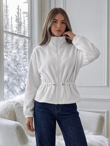 Easowa Women's Solid Color Long Sleeve Zip-Up Drawstring Waist Casual Sweatshirt - White - View 2