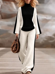 Elenzga Women's Contrast Color High Neck Knit Sweater & Wide Leg Pants Set, Loose Fit Ribbed Knit Two Pieces Outfit, Slouchy, Autumn/Winter - Black and White - View 3