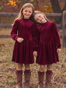 SHEIN Tween Girl Elegant Pleated Long Sleeve Dress For Party - Burgundy - View 4