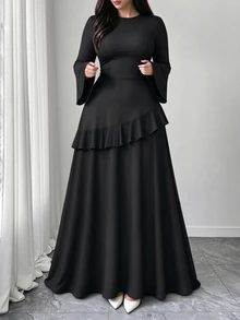SHEIN Elenzya Women's Plus Size Ruffle Design Long Dress, Autumn/Winter Outdoor Dress - Black - View 5