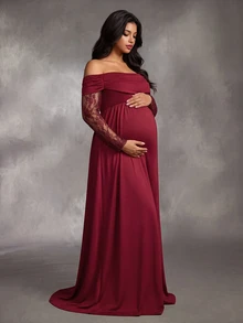 Cheriluna Maternity فستان أنيق بحجم كبير للحوامل بتصميم دانتيل مرقع للخريف/الشتاء - عنابي اللون - مشاهدة 4