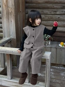 Dazy Kids Baby Girl Solid Color Single-Breasted Vest And Long Pants Casual Daily Outfit - Grey - View 3