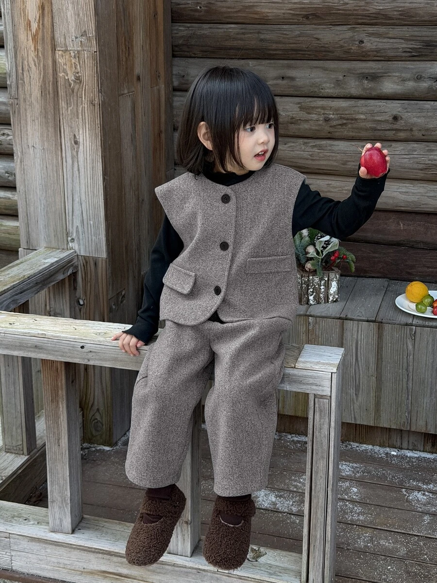 Dazy Kids 女嬰純色單排扣背心與長褲休閒日常套裝 - 灰色 - 查看 1