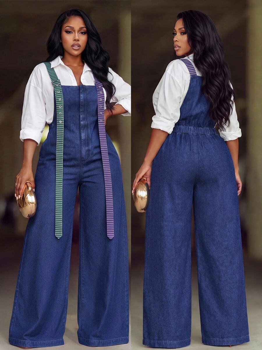Slaydiva Plus Size Women Casual Daily Denim Jumpsuit - Blue - View 1
