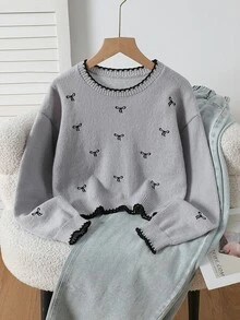 SHEIN 女童灰色可愛蝴蝶結刺繡針織毛衣，秋冬圓領撞色波浪邊長袖套頭上衣，柔軟親膚，適合學校、派對、日常休閒穿著 - 灰色 - 查看 4