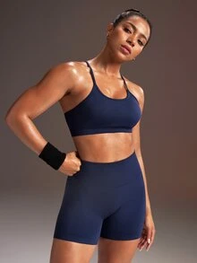 Powerista Women's Minimalist Tank Top And Tight Shorts Sports Set - dark blue - View 2