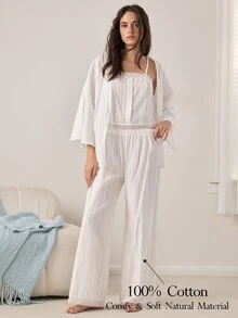 Ocili 100% Cotton Woven Texture Pure White Lace Patchwork Women's Pajama Set, Luxury Homewear 3 Pieces Set - White - View 7