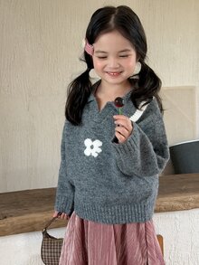 Dazy Kids Young Girls Floral Jacquard Half-Open Collar Design Pullover Sweater - Grey - View 1