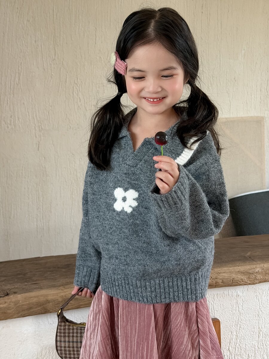 Dazy Kids Young Girls Floral Jacquard Half-Open Collar Design Pullover Sweater - Grey - View 1
