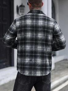 Manfinity 時尚男士格紋編織面料長袖標準長度大衣，男士法蘭絨外套 - 黑色 - 查看 2