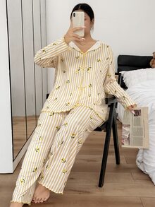 Napfluff CURVE Napfluff CURVE Romantic Pastoral Style Lemon Striped Print Long Sleeve Pants Plus Size Pajama Set - Yellow - View 5