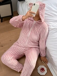 Napfluff CURVE Napfluff CURVE Plus Size Plaid Print Comfortable Hooded Fluffy One-Piece Pajamas Winter Style - Pink - View 5