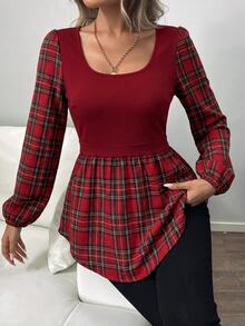 SHEIN LUNE 女款紅色聖誕格紋拼接長袖休閒上衣，新年穿搭，秋冬款 - 彩色 - 查看 6